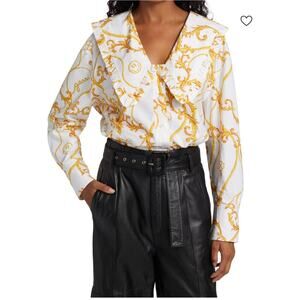 GANNI Rope Print Oversized Peter Pan Point Collar Shirt EGRET YELLOW  42 (10)